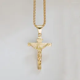 Pendant Necklaces Crucifix Male Gold Color Stainless Steel INRI Jesus Cross Necklace For Men Women Gift Christian Jewelry Drop