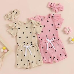 Clothing Sets Born Baby Girl Summer 3pcs Suit Heart Print Short Sleeve Romper Snap Closure Shorts Headband Clothes Set