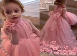 Pink High Low Flower Girls Dresses for Wedding and Party High Neck 3D Flowers Big Bow Toddler Pageant Dress Tulle Kids Prom Gowns9420267