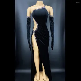 Stage Wear Black Swan Velvet Sexy Hollow Out Gloves Split Long Dress For Women Ballroom Evening Elegant Cloth Singer Costume