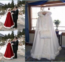 Real Image Hooded Bridal Cape Ivory White Dark Red Long Wedding Cloaks Faux Fur For Winter Wedding Bridal Wraps Bridal Cloak Plus 6604685