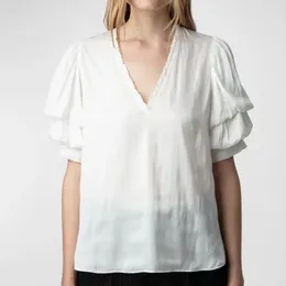 Women's Blouses 2024 Spring Shirt Deep V-neck White Top Double-layer Lantern Sleeve Blouse Womens Tops