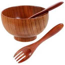 Plates Log Deep Bowl Wooden Set Salad Fruit For Kitchen Counter Bowls Flatware Fork Serving