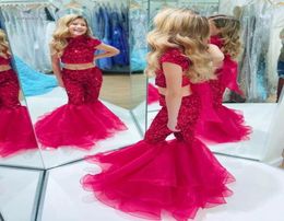 Fashion Two Pieces Girl Pageant Dress Sequins Pants Organza Bell Bottoms Little Kids Birthday Cap Sleeves High Neck Formal Party G7545239