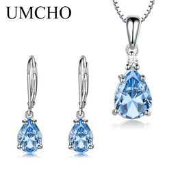 Necklaces Umcho Sterling Sier Jewelry Sets for Women Gemstone Pendant Necklace for Women Nano Blue Topaz Party Wedding Fine Jewelry