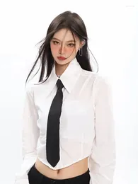 Women's Blouses ADAgirl White Tie Blouse Women Design Chic Button Up Shirts For Spring Autumn Korean Style Slim Fit Long Sleeve Crop Tops