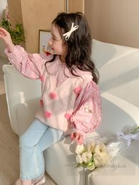 Girls plush love heart applique knitted vest kids falbala lapel cartoon rabbit embroidery long sleeve shirt 2024 spring children love pocket jeans Z6700