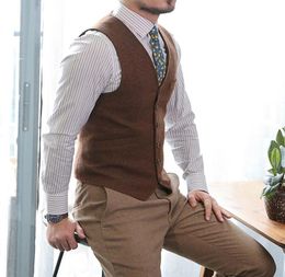 Dark Brown Groom Vests Wool Groomsmen Attire Herringbone Tweed Vest Slim Fit Men039s Suit Prom Country Wedding Waistcoat Dress 7071545