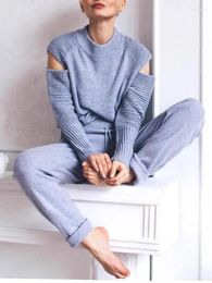 Women's Two Piece Pants High-quality Knitted Sweater Set Women Ladies Autumn Winter High Waisted Long Two-piece 10% Cashmere 50% Wool