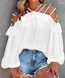 Women's Blouses Summer 2024 Sexy Cold Shoulder Cutout Slight Stretch Lantern Sleeve Ruffle Hem Top