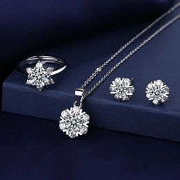 Charm Flower Diamond Jewellery set 925 Sterling Silver Party Wedding Rings Earrings Necklace For Women Bridal Sets Gift 240113