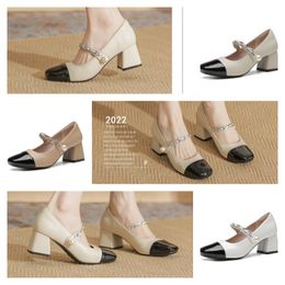 Mid Classic Boat Heeled Shoe Designer Nude Leather Thick Heel High Heels 100% Cowhide Tassels Round Head Metal Button Women Dress Shoes Large 93 s 12