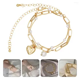 Charm Bracelets 2 Pcs Manual Layered Pearl Bracelet Miss Couples Wrap Women Alloy Wrist Chains