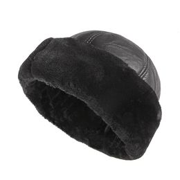 Winter Leather Beanies Hat Men Thick Warm Russian Dad Middle Elderly Aged Fleece Lined Brimless Landlord Cap Windproof Snow 240113