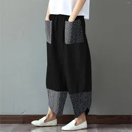 Women's Pants Retro Women Cotton Linen Loose Elastic Waist Harem Vintage Plaid Casual Pockets Wide Leg Trousers Cropped