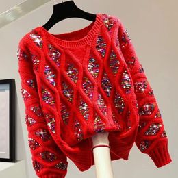 Women Christmas Checked Hooked Beading Sweater Autumn Winter Diamonds Crocheted Sequins Plaids Pullovers Knitwear Jumpers Tops 240113