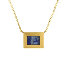 Pendant Necklaces French Vintage Personality Necklace Stainless Steel Women's Jewellery Art Frame And Natural Lapis