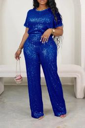 Women's Two Piece Pants Spring Summer Casual Sequin Set Fashion Solid Short Sleeved Tshirt Wide Leg Women Glitter Commuter Suit