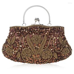 Evening Bags Retro Hand-beaded Embroidered Flower For Women Khaki Purple Blue Party Clutches Fashoin Metal Handle Handabgs Purse