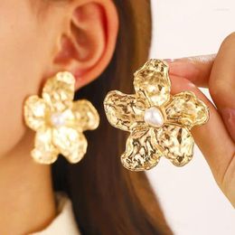 Stud Earrings Retro Exaggerated Petal Flower For Women Fashion Statement Trendy Gold Colour Piercing Jewellery Accessories