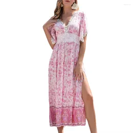 Casual Dresses Women's Boho Long Dress Summer Large Hem Beach Elegant Slit Short Sleeve V Neck Lace Trim Floral Party Evening