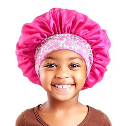 New Kids Satin Sleep Cap Wide Flower Print Children's Elastic hair bonnet Beanie Sleeping Hat for Curly Hair Children Hair Care