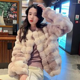 Women's Fur Faux Coats Women Round Neck Full Sleeve Solid Korean Splice Elegant Open Stitch Short Coat Thick Warm Jackets Winter