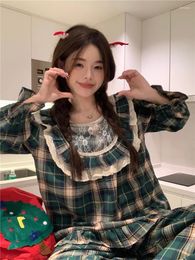 Women's Sleepwear Kawaii Lace Plaid Autumn Pajamas Set Women O-Neck Ruffles Casual Cotton Two Piece Home Suit Vintage Thick Loose Green