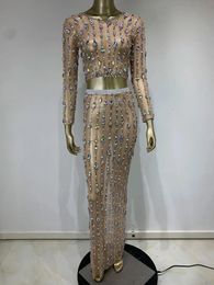 Work Dresses 2024 Women Luxury Sexy Long Sleeve Diamond Pearl Skirts Bandage Set Celebrity Designer Fashion Women's