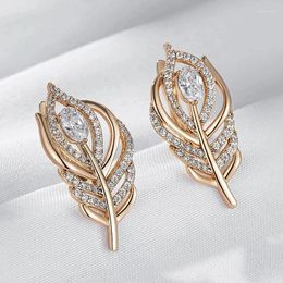 Dangle Earrings Wbmqda Unique Feather Shape Drop For Women 585 Rose Gold Color With White Natural Zircon Vintage Daily Party Jewelry