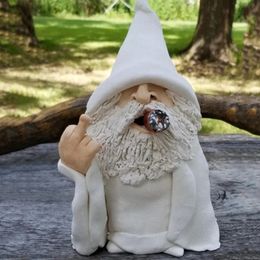 Garden Gnome Ornaments Resin Statue Figurine White Robe Smoking Middle Finger Desk Bookshelf Art Outdoor Indoor Home Decor 240113