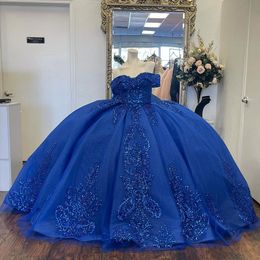 Luxury Royal Blue Quinceanera Dress 2024 Princess Ball Gown Long Train Beads Off The Shoulder Birthday Gowns Vestido De 15 Anos