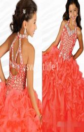 Girls Pageant Dresses Gorgeous Halter Neck with Rhinestones Watermelon Ruffles Organza Ritzee Girls Party Ball Gowns7029684