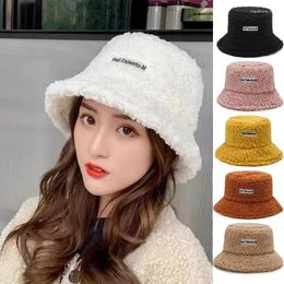 Berets Fashion Winter Women Wool Warm Bucket Cap Cute Lamb Letter Solid Colour Flat Top Hats Outdoor Thick Leisure Girl Sun Shade Caps