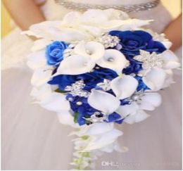 2018 high set white calla lily blue rose hydrangea DIY pearl crystal brooch waterfall wedding bridal bouquet8029073