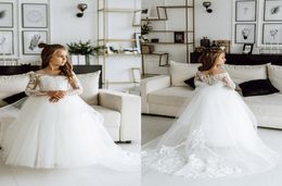 Cheap White Lace Flower Girl Dress Bows Children039s First Communion Dress Princess Formal Tulle Ball Gown Wedding Party Dress 2618559