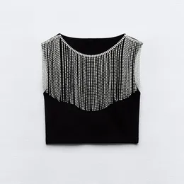 Women's Tanks 2024 Spring Summer Women Metallic Fringed Seamless Jewel Crop Top Round Neck Sleeveless Tank Slim Streetwear Vest Tops