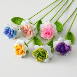 Decorative Flowers Hand Woven Roses Tulip Simulation Flower Preparation Handmade Diy Wool Knitting Homemade Crochet Bouquet Finished Product