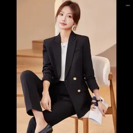 Women's Two Piece Pants Elegant Women Pant Suit Black Blue Double Breasted Business Office Ladies Jacket And Trouser Work Wear Formal 2
