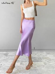 Mnealways18 Solid Purple Satin Silk Skirt Women High Waisted Summer Long 2024 Elegant Ladies Office Skirts Midi Spring 240113