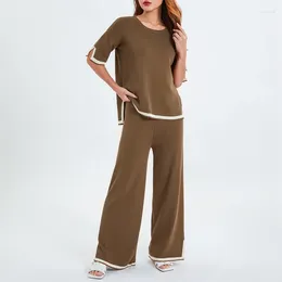 Women's Two Piece Pants Female Contrast Color Knitted 2Pcs Short Sleeve Crew Neck Tee Tops And Elastic Waist Wide Leg Women Loungewear