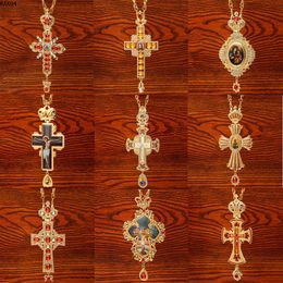 Necklaces High Qualit Pectoral Cross Orthodox Jesus Crucifix Pendants Rhinestones Chain Gold Religious Jewellery Pastor Prayer Items Lm88