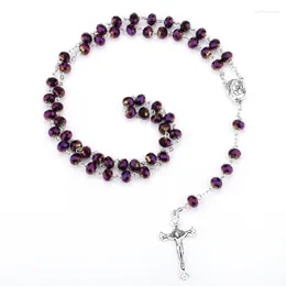 Pendant Necklaces Purple Vintage Mary Cross Necklace Glass Crystal Beads Catholic Rosary Prayer Bead Religion Jewellery
