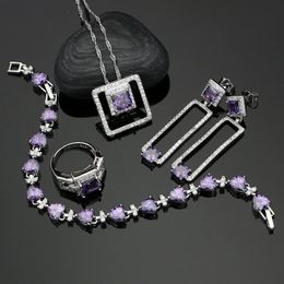 Necklaces Hyperbole Square Sier Jewellery Purple Cz White Crystal Jewellery Sets for Women Wedding 4pcs Necklace Set