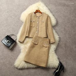 Work Dresses European And American Women's Dress 2024 Winter Long Sleeved Single Breasted Beaded Coat Tweed Skirt Fashion Suit