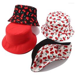 Berets Women Fashion Hats Reversible Fisherman Hat Summer Sun Fruit Cherry Sweet Two Side For Accessories