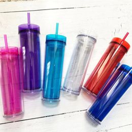 16oz Slim Plastic Clear Skinny Tumbler Double Wall Acrylic Water Bottle Colourful Juice Tumbler Home Supplier For Birthday Gift 240113