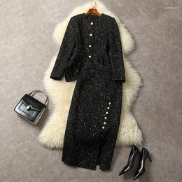 Work Dresses Europe And The United States Women's 2024 Winter Long-sleeved Black Sequined Jacket Split Skirt Fashion Tweed Suit XXL