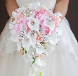 2018 highend custom white calla lily pink rose hydrangea DIY pearl crystal brooch drops bridal bouquet2878452