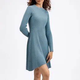 Casual Dresses Women'S Flattering Solid Tunic Fashionable Knitted Long Sleeved Color Slim Fit Dress